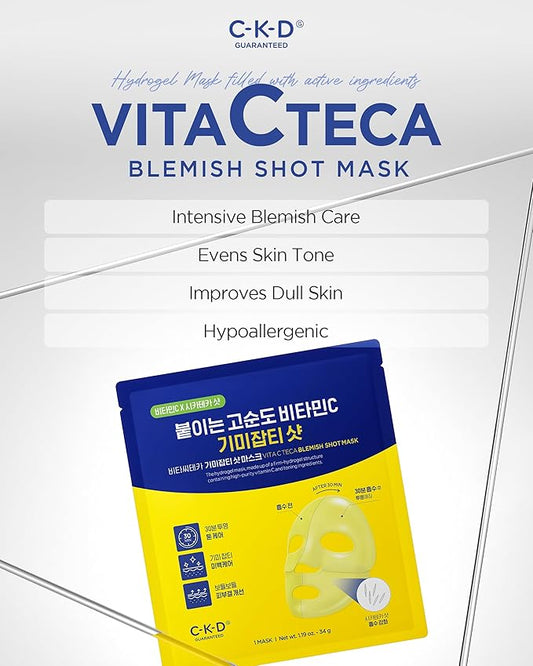 CKD Vita C Teca Blemish Shot Mask - Hydrogel Firming Face Mask Sheet with Pure Vitamin C & Centella Asiatica, Radiance, Relief for Dark Spots & Blemishes, 5 sheets