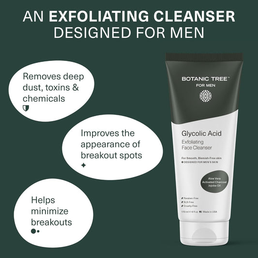 Botanic Tree Glycolic Acid Exfoliating Face Wash for Men - Facial Exfoliating Cleanser, Face Scrub - 10% Glycolic Acid with Activated Charcoal - 6 fl oz
