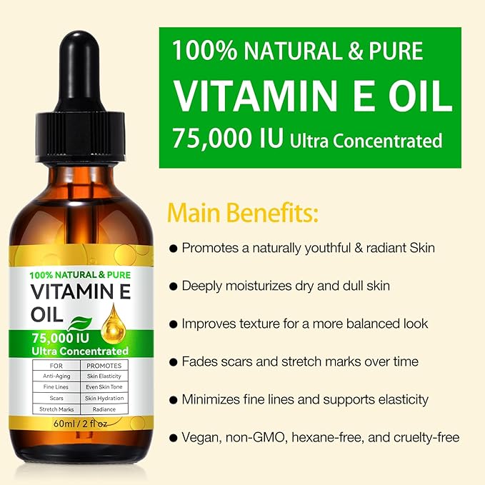 Ultra Pure Vitamin E Oil - Vitamin E Oil Blend 75,000 IU, Natural for Skin, Face, Hair and Scars, Body Oils Moisturizing Dry Skin and Winkles, Non-GMO, Gluten Free, 2Fl Oz