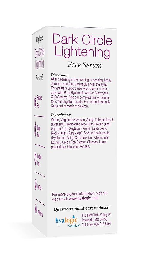 Hyalogic Dark Circle Lightening Face Serum - Treat Under Eye Dark Circles w/Hyaluronic Acid, Eveseryl & Regu-Age - Soothe, Nourish & Rejuvenate Skin - .47oz