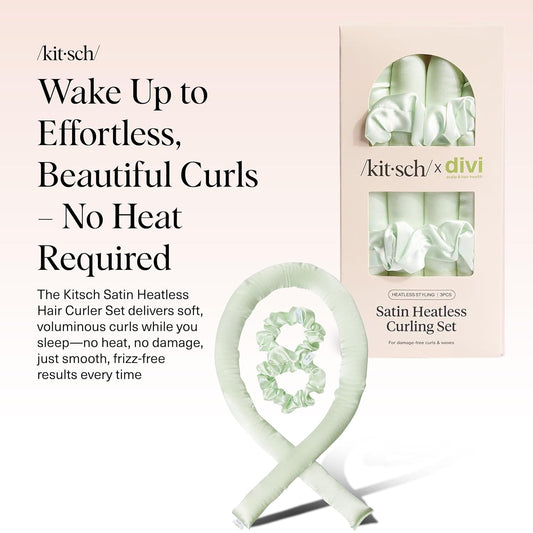 Divi x Kitsch Satin Heatless Hair Curler Set - Heatless Curls Overnight, Hair Rollers for Soft Curls & Frizz-Free Styling, No Heat Curlers To Sleep in, Curling Rod Headband for Overnight Curl- Sage