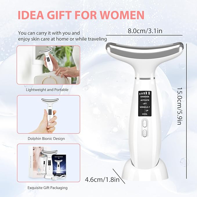 MASIKE Neck Face Beauty Device, Multifunctional Portable Facial Massager, 4 Color Led Face Neck Massager for Skin Care