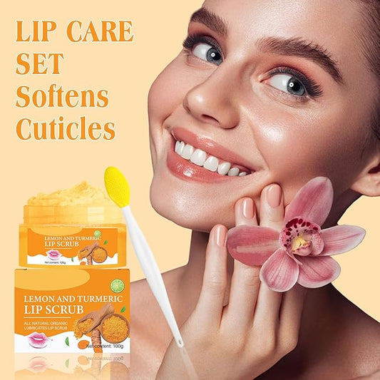 Turmeric Lemon Lip Scrub with Brush, Lip Scrubber Exfoliator for Dark Lips, Dry, Chapped Lips, Reduce Fine Lines, Natural Nourish Sugar Lip Scrub with Aloe Vera, Deep Hydration Moisturization 100g