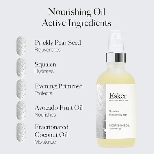 ESKER Nourishing Body Oil For Sensitive Skin Formulated to Hydrate and Retstore Dry Skin Infused with Prickly Pear Oil | Unscented | Vegan | Cruelty-Free Clean Beauty (4 fl oz | 120 ml)