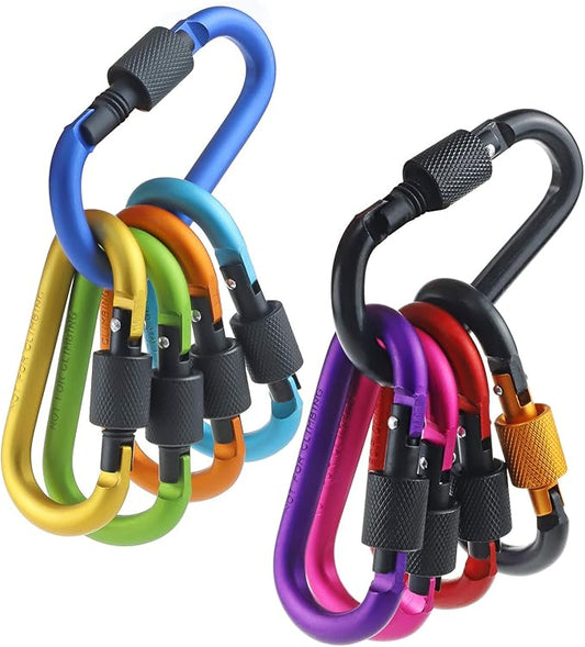 10 Pack Aluminum D Ring Key Rings Hiking Clips Locking Carabiner for Hiking Camping Fishing and Outdoor Use,Clips with Screw Gate Multicolored