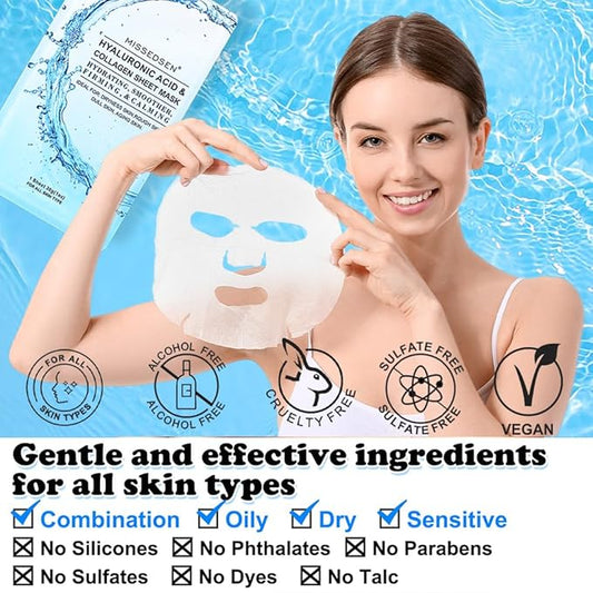 Collagen Face Mask Skincare For Women Hyaluronic Acid Moisturizing Firming Calming Hydrating Pore Treatment Anti-Aging of Different Ages and Skin Types Urban Beauty Secret 25 PCS