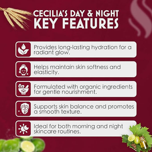 Cecilia’s Day & Night Moisturizer for Face, Hydrating Face Cream for Soft, Radiant Glow | Lightweight, Nourishing Facial Moisturizer for Women, Daily Face Lotion & Night Cream, 50ml