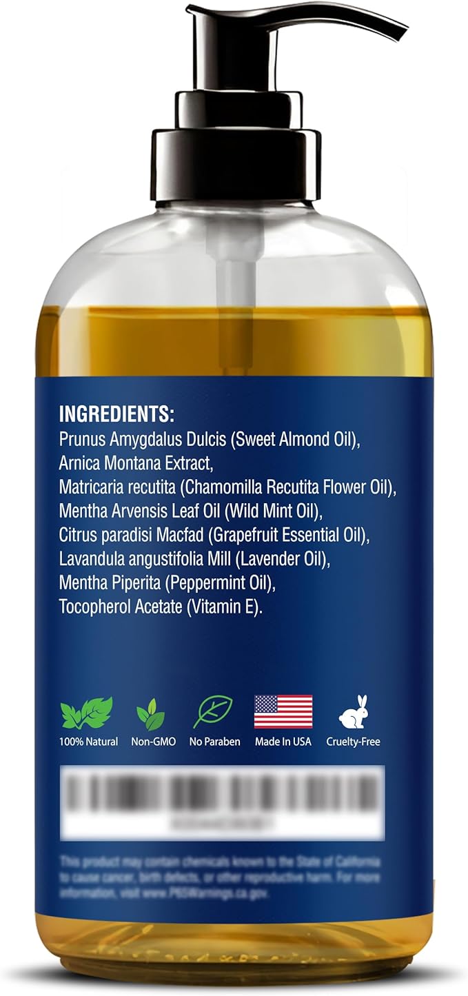 Sore Muscle Massage Oil 8 fl oz - Arnica Massage Oil for Therapy & Pain Relief - Peppermint & Lavender for Body & Muscle Relaxation - Nexon Botanics
