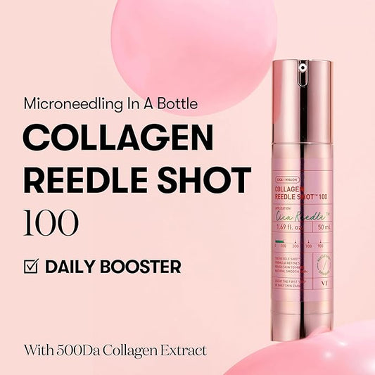 VT COSMETICS Collagen Reedle Shot 100, Collagen Microneedling Serum, Firming & Elasticity, 500Da Collagen Extract, Soft & Glass Skin, Pink Collagen Serum, Korean Skin Booster 1.69Fl Oz(50ml)