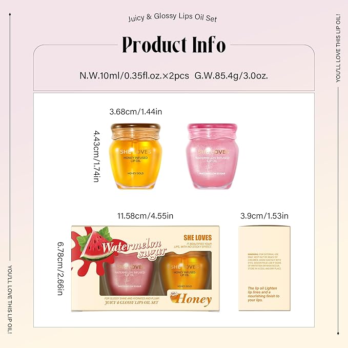 2PCS Honey Lip Oil Set, Bee Balm Lip Balm Honey Pot Lip Treatment, Clear Lip Oil Lip Moisturizer for Very Dry Lips, Hydrating Lip Oil Gift Set, Nourishing Lip Glow Oil Lip Repair Lip Care Products