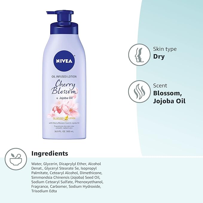 NIVEA Cherry Blossom and Jojoba Oil Infused Lotion, Moisturizing Body Lotion for Dry Skin, 16.9 Fl Oz Pump Bottle