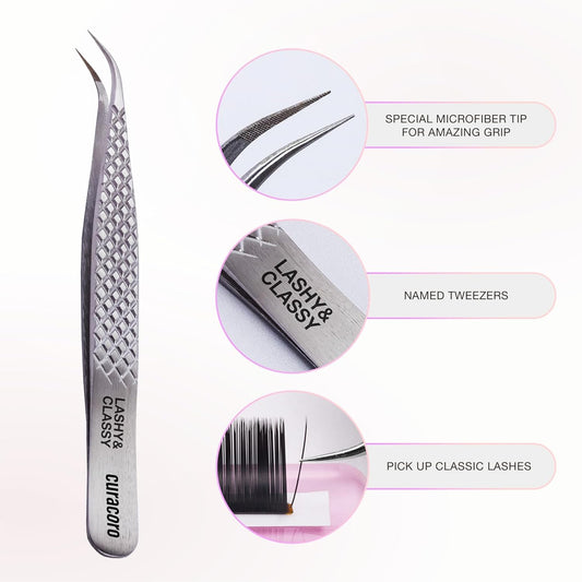 Curacoro Lash Tweezer - Professional & Precision Fiber Tip Grip Lash Tweezers for Eyelash Extensions, Multi Shapes & Purposes Tweezers for Volume, Isolation & Classic Lashes (Silver, Lashy and Classy)