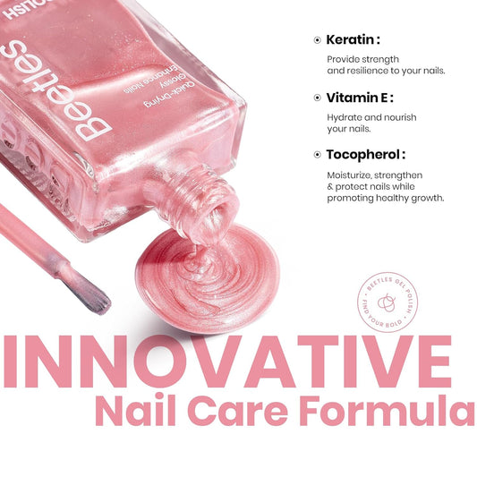 Beetles Pink Nail Polish - 15ML Quick Dry Nail Polish Romantic Reverie Pink Rose Pearl Nail Lacquer Shimmer Fingernail Polish Art Effect for Nail Salon-Quality