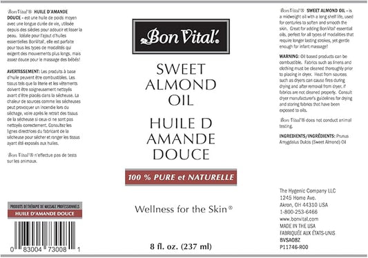Bon Vital' Sweet Almond Oil Skin & Hair Moisturizer & Gentle Massage Oil, Carrier Oil for Diffusers, Improve Hair Texture and Hydrate Skin, 100% Pure Massage Therapy Oil, 8 Ounce Bottle