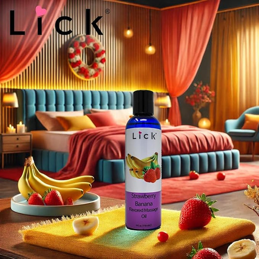 Lick Strawberries and Bananas Duo Massage Oil – Fruity, Edible, Lightweight, Body Safe, 4 oz