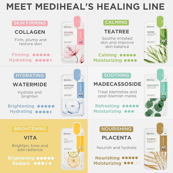 Mediheal Best Korean Sheet Mask - Vita Essential Face Mask 10 Sheets Vitamin Mask For All skin types Smoothing Tightening Toning up Brightening