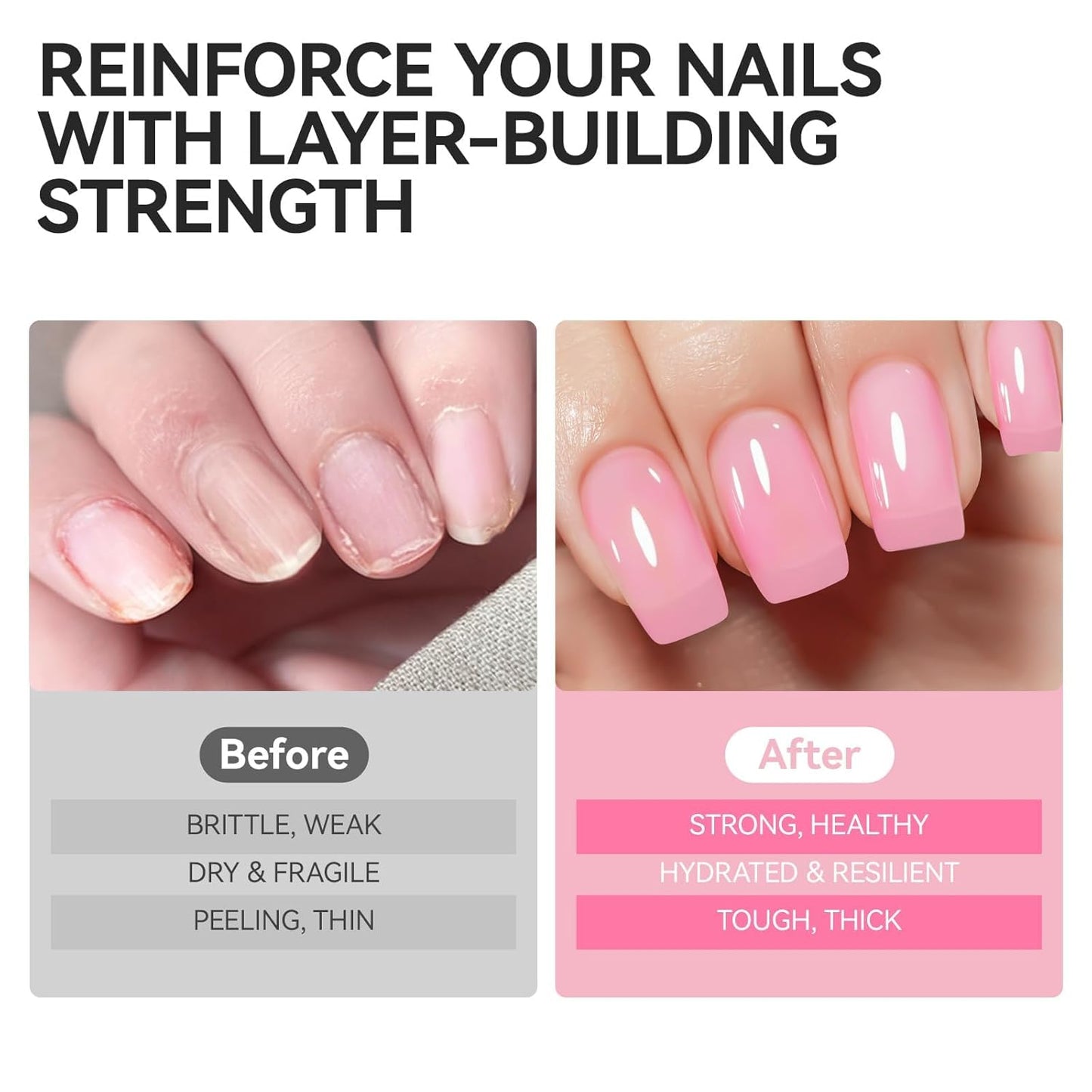 Nail Polish Strengthener and Growth Treatment: Pink Gelike EC 6 in 1 Natural Nail Hardener Extra Strong and Growth - Long Lasting Nail Repair for Damaged Nails - For Daily Work Home Salon
