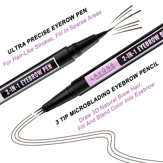 LAVONE Eyebrow Pencil, 2-In-1 Waterproof Eyebrow Pen, with 3 Tip Microblading Eyebrow Pen and Ultra-Precise Brow Pencil, Dual-ended Eyebrow Brush, for Eyebrow Makeup - Dark Brown