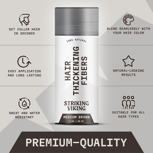 Striking Viking Hair Fibers for Thinning Hair - 28 g, Medium Brown - Bald Spot Cover Up & Sweat-Proof Thickening Powder