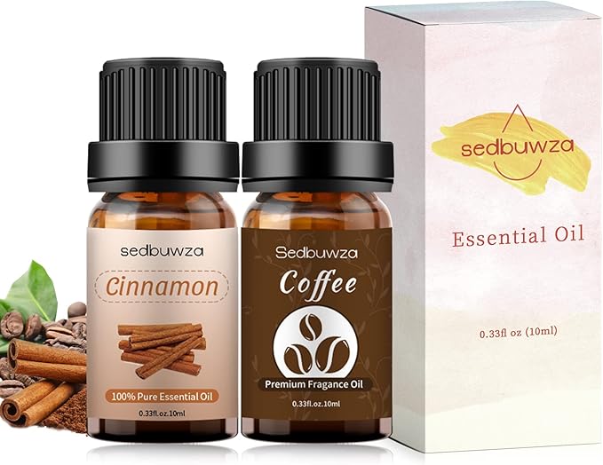 Sedbuwza Cinnamon Coffee Essential Oil Set, Cinnamon Fragrance Oil Coffee Scent Oil Set for Diffuser, Aromatherapy, Massage, Soap, Candle Making 2 x 10 ml