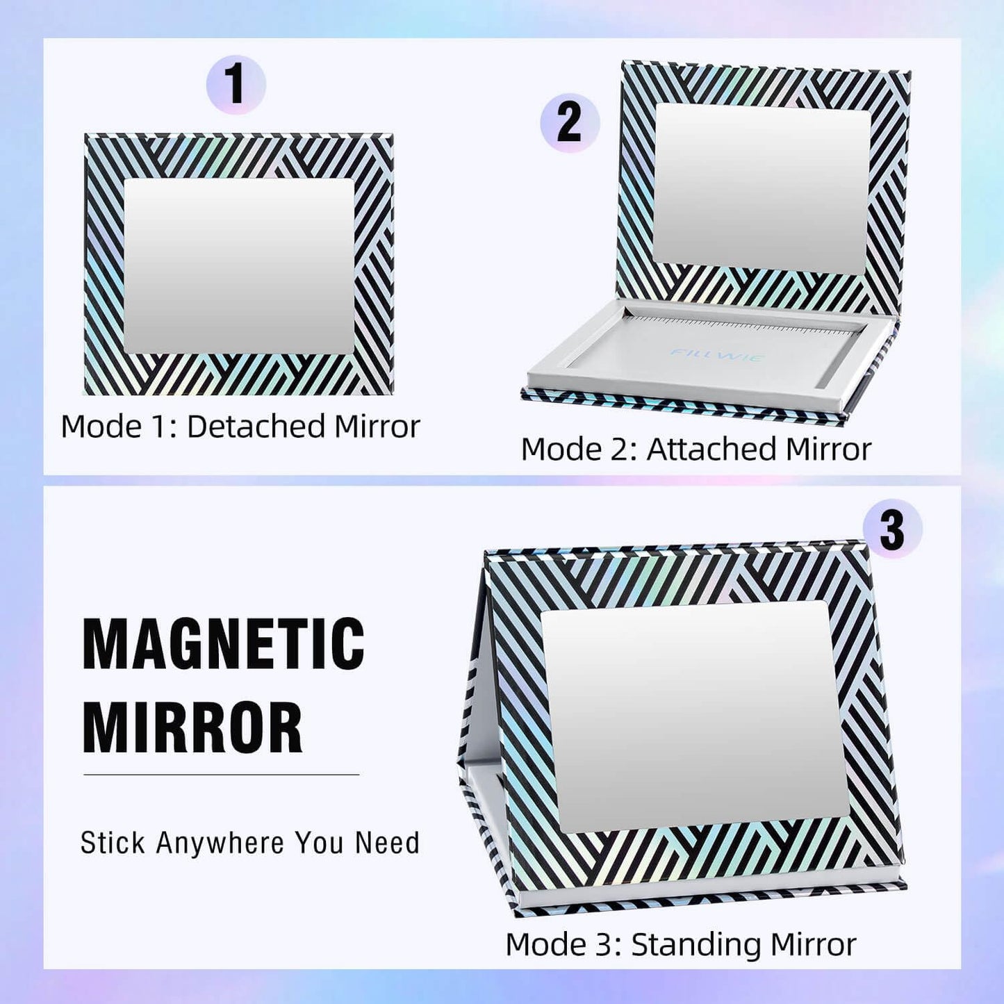 Empty Magnetic Makeup Palette with Mirror, Spatula, 20 Metal Stickers, Suitable for Eyeshadow Lipstick Blush Powder Highlighter and Contour, DIY Refillable, Holographic Stripes (Black, Medium)