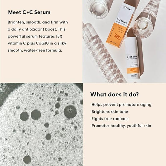Stratia C+C Vitamin C Serum – 15% Potent Formula with 10% L-Ascorbic Acid for Bright, Even-Toned Skin - Non-Irritating, Water-Free Antioxidant Face Cream, 1 Fl Oz