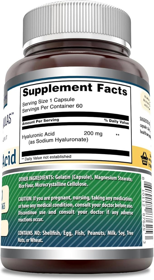 Amazing Formulas Hyaluronic Acid 200 Mg Per Serving Capsules Supplement | Non-GMO | Gluten Free | Made in USA (60 Count)