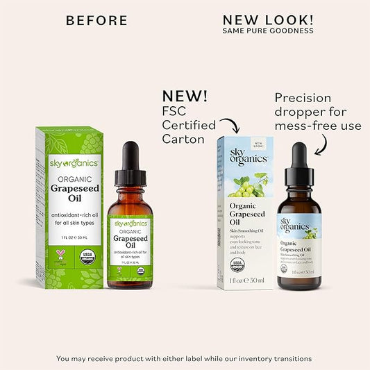Sky Organics Organic Grapeseed Oil, Skin Smoothing Oil To Support Healthy and Even-Looking Skin Tone and on Face and Body, Suitable for All Skin Types, 100% Pure & Cold-Pressed 1 Fl Oz