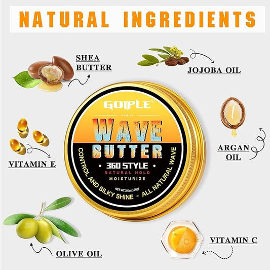 Wave Butter 360 Wave Grease for Men - Wave Butter for Layered Waves, Moisture, Control and Silky Shine - All Natural Wave Cream Wave Butter Cream with Shea Butter and Beeswax for Wolfing (3.5 OZ)