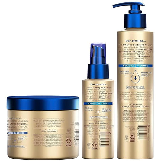 Vaseline Radiant X Skin Care Set – Even Tone Nourishing Body Lotion with 1% Niacinamide, Deep Nourishment Body Cream with Vitamin C + Hydrating Body Oil with Vitamin E (3 Piece Set)