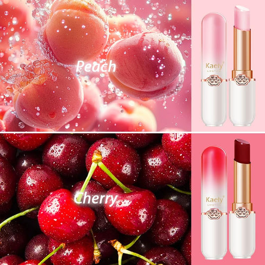 evpct 2Pcs Peach Red Cherry Magic Mood Color Changing Lipstick Long Lasting 24 Hours Original for Women, PH Color Change Changing Jelly Lipstick Tinted Lip Balm Gloss Stain Makeup Set labiales magicos