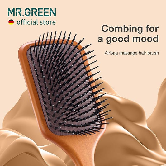 MR.GREEN Hair Brush Natural Maple Wide Board Massage Scalp Comb Air Cushion Anti-Static Detangle Brush For Curly Long Hair Both Women Men (Small)