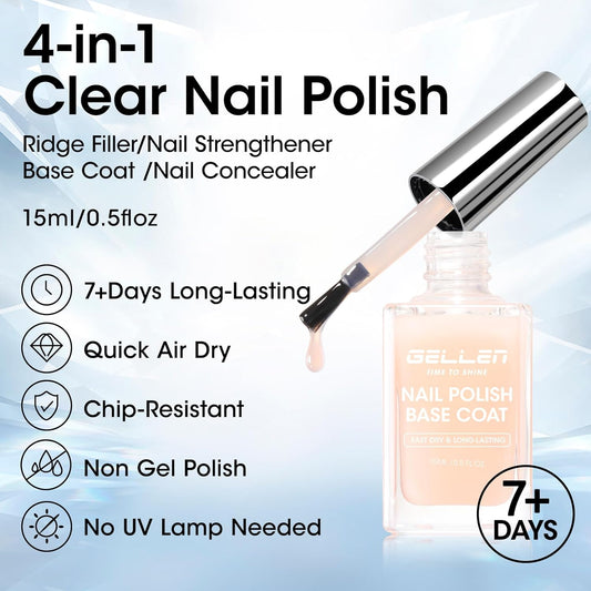 GELLEN 4‑in‑1 Clear Nail Polish Base Coat Sheer Tinted Cream Milky, Ridge Filler For Nails, Nail Strengthener Concealer, Calcium Formula Smoothes Strengthens Nails, Enhances Natural Look, HEMA Free