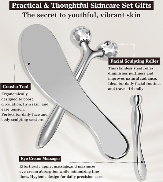 Face Roller, Large Stainless Steel Metal Guasha & Eye Cream Applicator Facial Tool Set Eye Massager Lymphatic Drainage Gua Sha for Face Neck