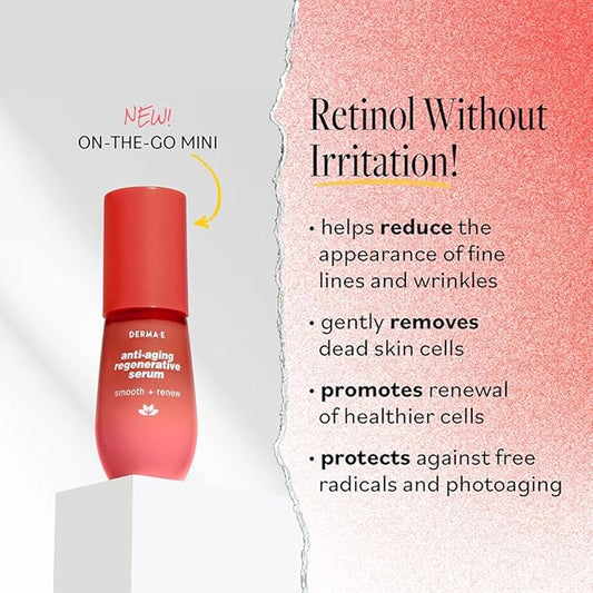 DERMA E Face Serum, Anti Aging Regenerative Retinol Serum for Face, 1 Fl Oz, Vitamin A, Bakuchiol, Glycolic Acid, Green Tea Extract, Helps Reduce Appearance of Fine Lines and Wrinkles