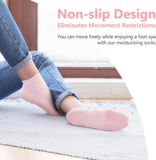 2Pairs Silicone Socks for Dry Cracked Feet Women,Non-Slip Moisturizing Foot Mask Exfoliating Socks,Cracked Heel Treatment and Silicone Moisturizing Foot Socks for Women - Pink + White