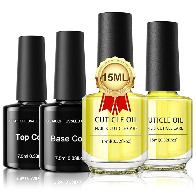 Cuticle Oil 2 Pcs 15ml with Gel Top Coat Base Coat 2 Pcs 7.5ml - Hydrating Moisturizing Nail Cuticle Oil for Nails Damage Dry Cuticle Long Lasting No Wipe Base Top Coat Gel