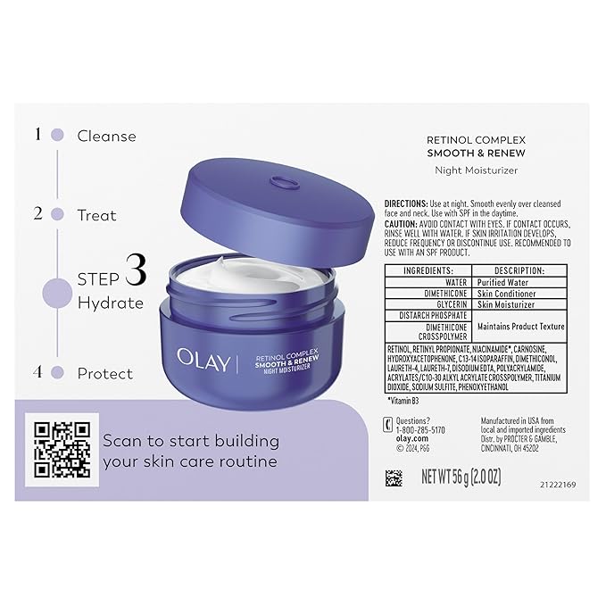 Olay Smooth & Renew Retinol Face Moisturizer, 2 oz Fragrance Free Night Cream for Fine Lines and Wrinkles with Retinoid Complex, Recyclable Eco Jar Packaging, Value Size