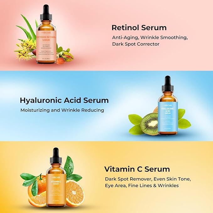 Face Serum Set – Retinol Serum, Vitamin C Face Serum & Hyaluronic Acid Serum for Face – Anti Aging Serum Skin Care Set for Women – Serum for Firm, Wrinkle Smoothing 3x1oz