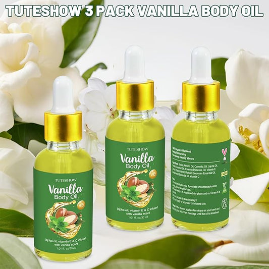 3 Pack Vanilla Body Oil Scented, Jojoba Oil and Vitamin E & C Infused Body Oils for Women after Shower, Highly Moisturize and Rejuvenate, Easily Absorb, Travel Size 1.01 fl.oz/30 ml
