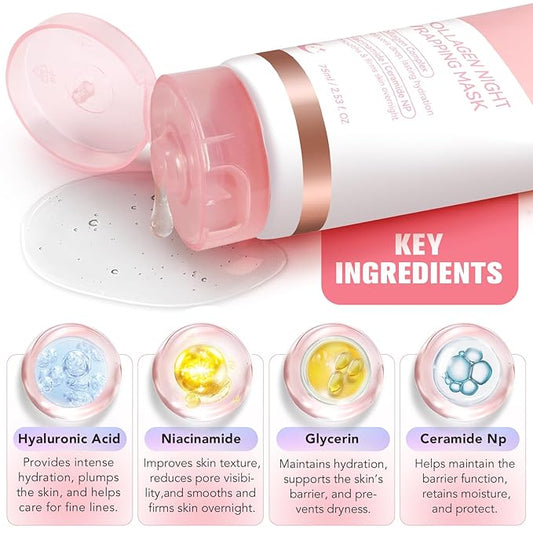 Collagen Night Wrapping Mask with Brush 2.53 fl.oz, Collagen Overnight Wrapping Peel Off Facial Mask Pack, Reduces Sagging & Dullness - Hydrolyzed Collagen For Glowing Skin, For Glass Skin