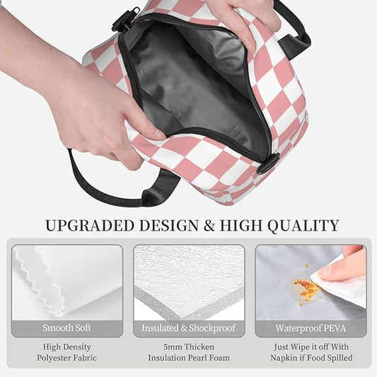 bassyil Pink Checkerboard Lunch Box Reusable Insulated Totes Lunch Bag Thermal Cooler Adjustable Shoulder Strap Bag For Men Women