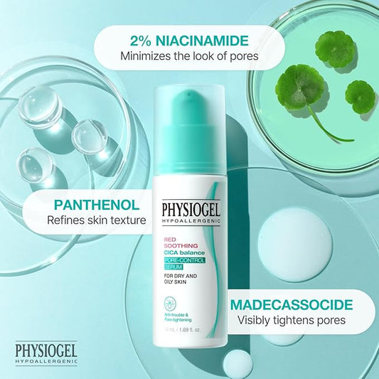 Physiogel Red Soothing CICA Balance Pore-Control Serum, Niacinamide Facial Exfoliant for Blackheads, Pore Minimizer Serum for Face, Korean skin care, 1.69 fl.oz