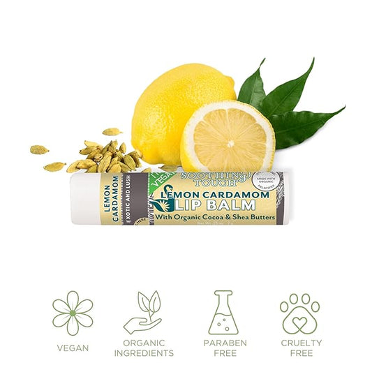 Vegan Lip Balm Set - Variety Pack of 3 Soothing Touch Lip Balms. Large 0.25 oz size. Includes Bonus Muslin Pouch (3 x 4 in) Unique Gift Bundle from Tiny Seed (Lemon Cardamom, Coconut Lime, Grapefruit)