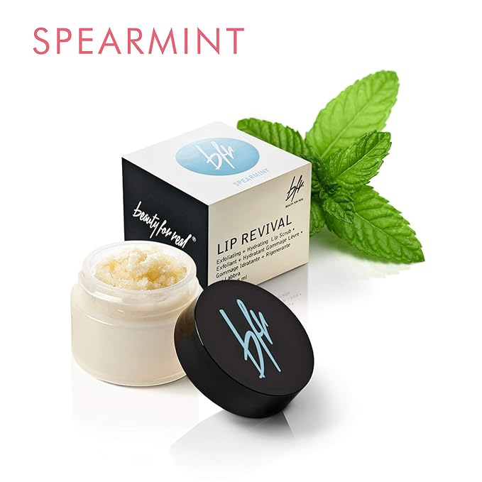 Beauty For Real Lip Revival, Spearmint - Exfoliating & Hydrating Sugar Lip Scrub - For Dry, Chapped or Lipstick-Stained Lips - With Essential Oils - Organic, Vegan - 0.15 oz