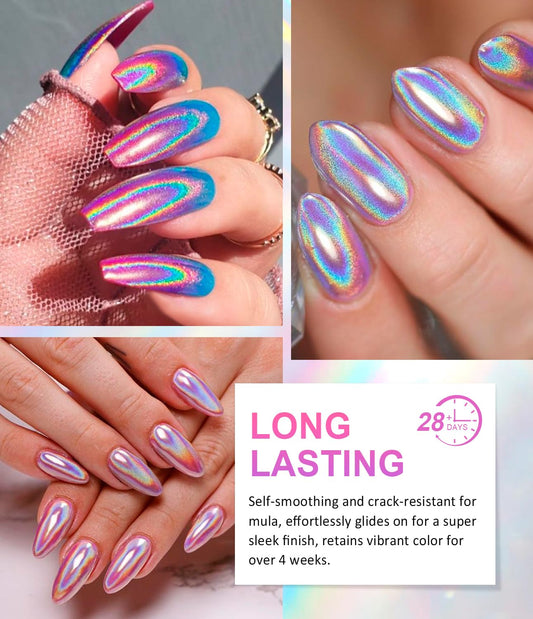 Magic Chrome Nail Powder: Iridescent Mirror Holographic Nail Powder,Metallic Pearl Effect Laser Chrome Nail Powde r for Salon Home Nai l Art DIY Design