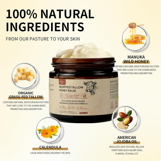 Beef Tallow for Skin, Beef Tallow Honey Balm-100% Organic Grass-Fed-handmade Whipped-Face & Body Moisturizer cream,with Manuka Wild Honey, Natural Skin Care for Sensitive, Dry Skin, Body Lotion. 2oz
