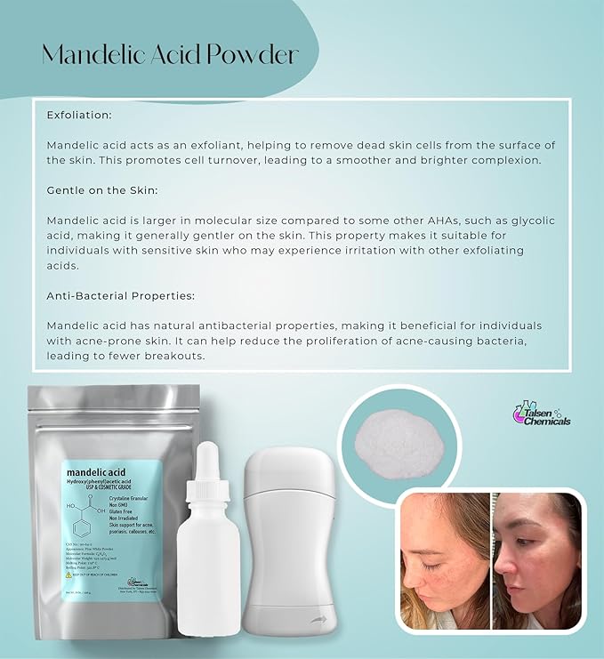 Mandelic Acid Powder 99.9% Purity, DIY Cosmetic Grade For Mandelic Acid Serum, Peel/Mask or add to Cream, Moisturizer (1 Ounce / 28 Gram)