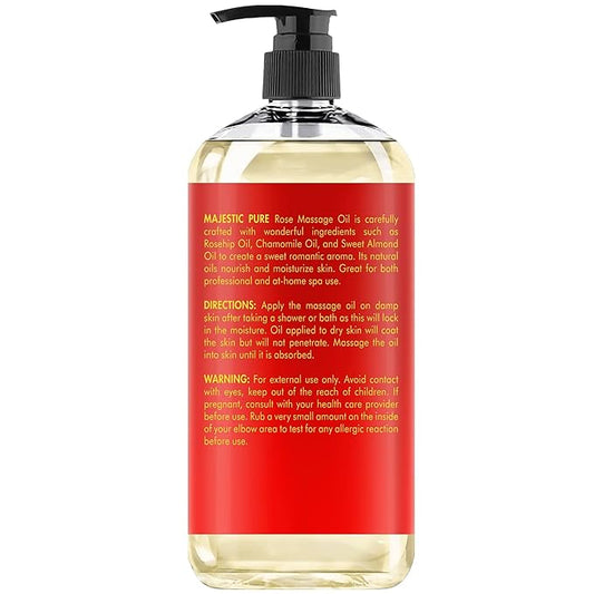 MAJESTIC PURE Rose Massage Oil - Hydrating, Calming, Warming, Relaxing & Rejuvenating Body Oil - Premium Grade, Made with Natural Oils - Skin Care for Men and Women - Made in USA - 8 fl oz