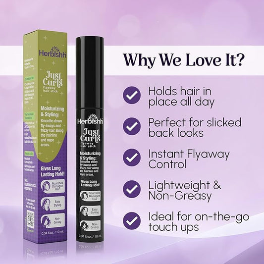 Herbishh Just Curls Flyaway Hair Stick, Quick Hair Finishing Stick for Flyaways, Frizz Control, & Slick Back Look, Non-Greasy Smoothing Serum & Frizz Tamer Wand for Hairline & Nape Areas 0.34 fl.oz